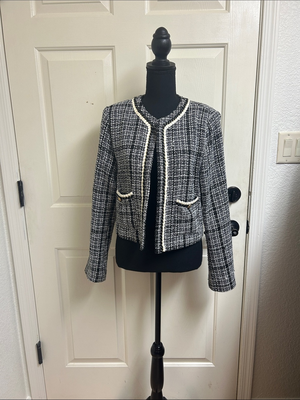 Sugarlips black & white tweed blazer with braided trim. Gold accents, Medium